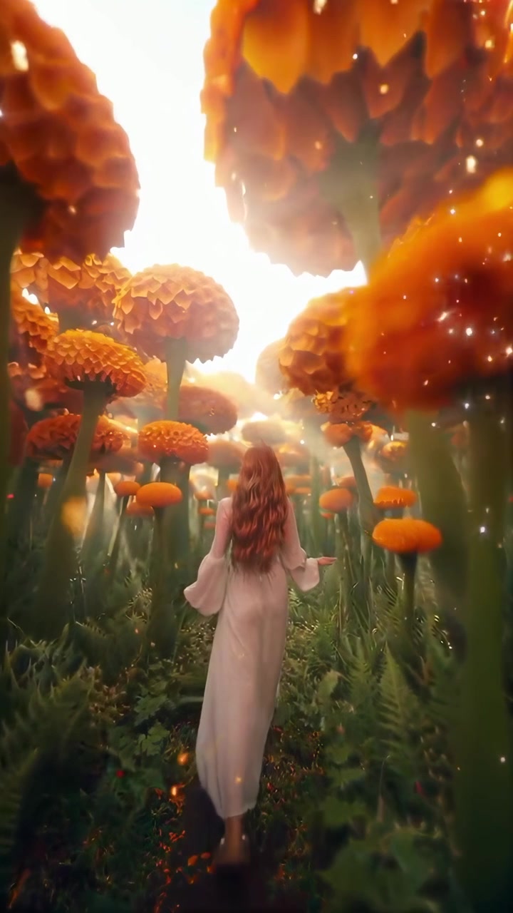Donna che cammina attraverso un giardino surreale di fiori arancioni giganti