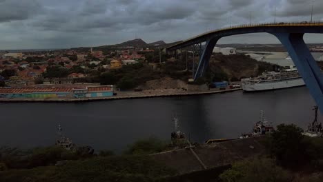 looking onto the julianna bridge and seeing the free winds ship docked underneath