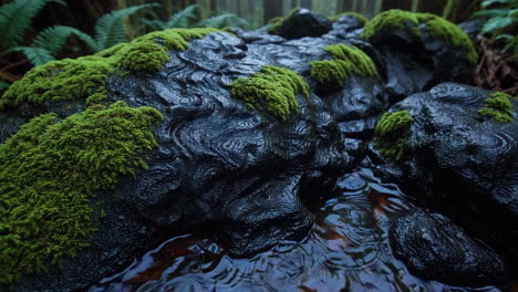 vibrant green moss on dark, wet rocks with pooling water in a lush forest