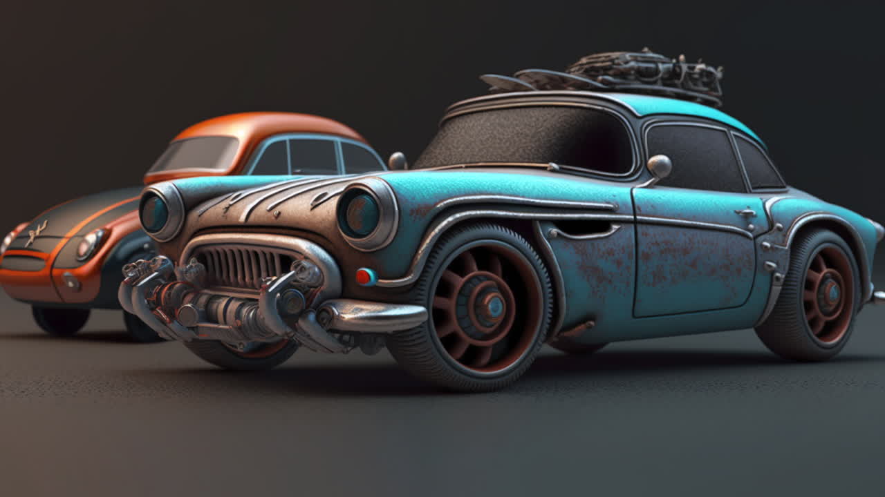 две миниатюрные красочные старинные игрушечные машинки, макросъемка крупным планом миниатюрных автомобилей в студии