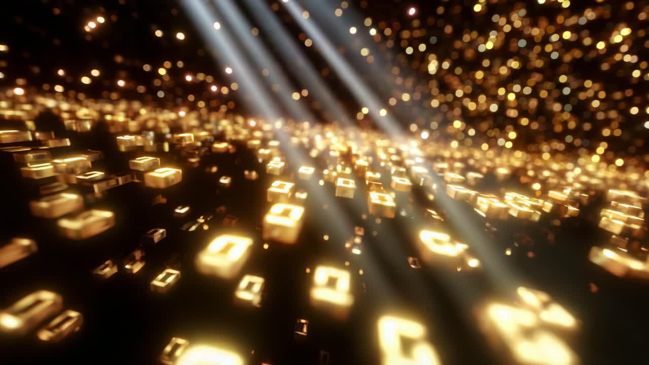 A Mesmerizing Visual of Glimmering Golden Particles in a Dynamic Flow, Captured in Two Frames that Showcase the Stunning Light Effects and Depth of Field, Creating an Enchanting Atmosphere of Radiance