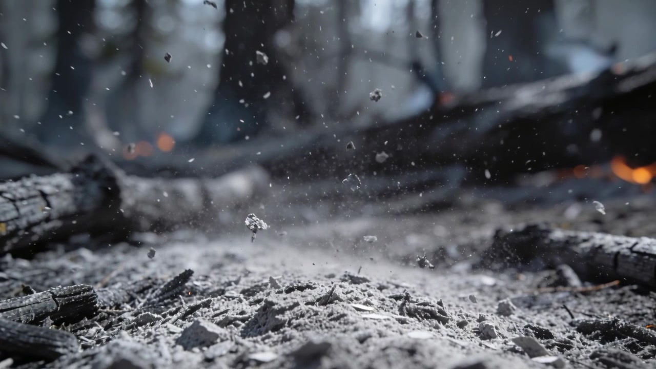 Rising ash bed and glowing embers drifting upward from light breeze on burned floor, charred logs