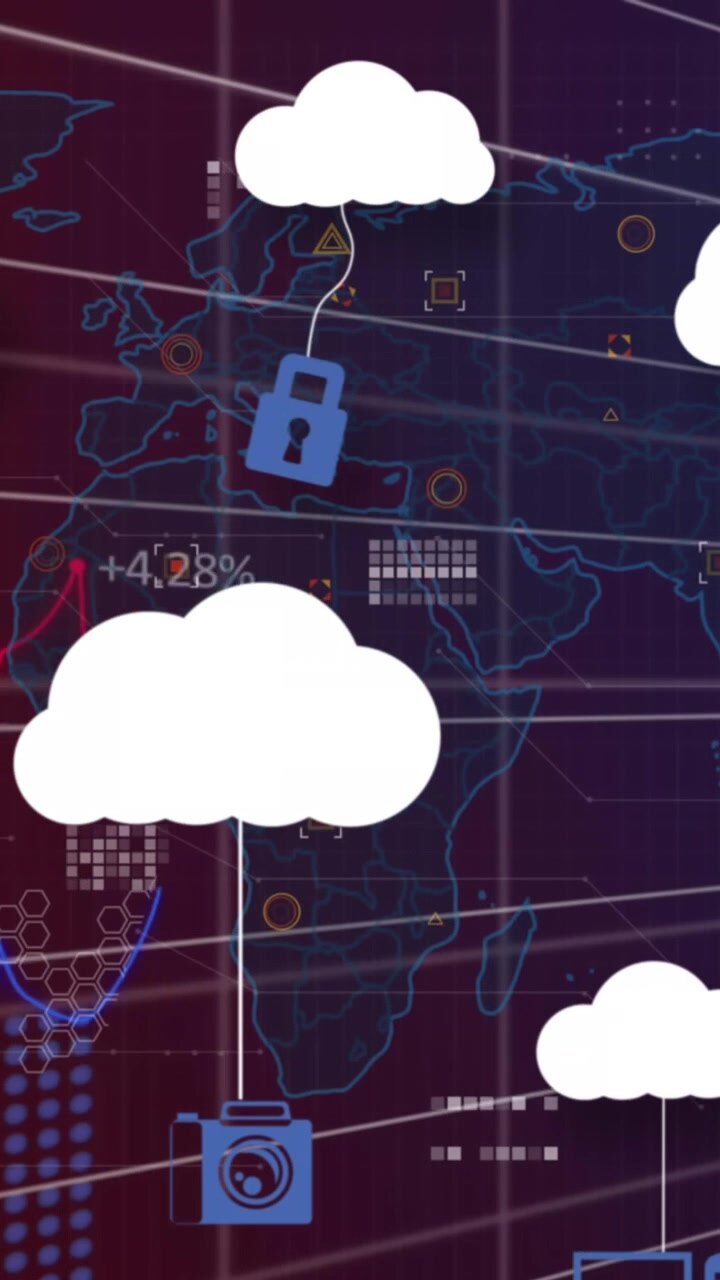 Animation of clouds with icons over data processing and world map on black background