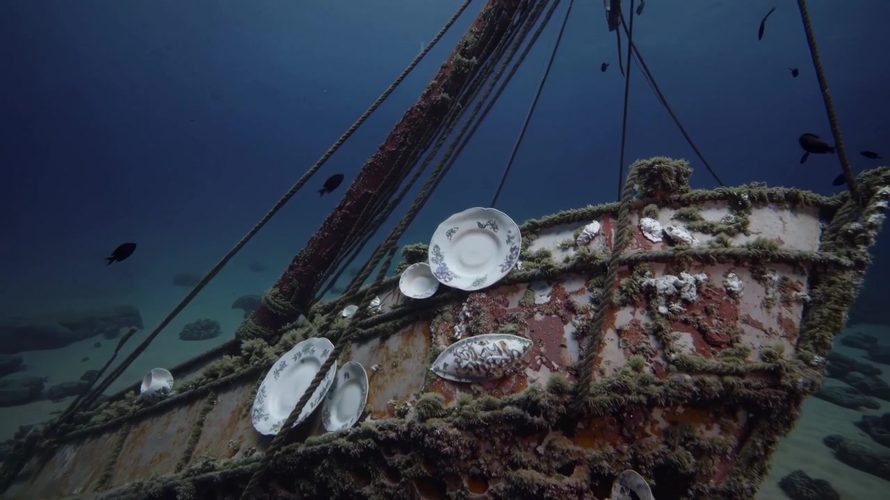 Naufragio submarino con platos y peces en el fondo del océano