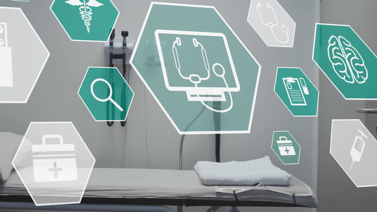 Animation of network of medical icons over hospital bed