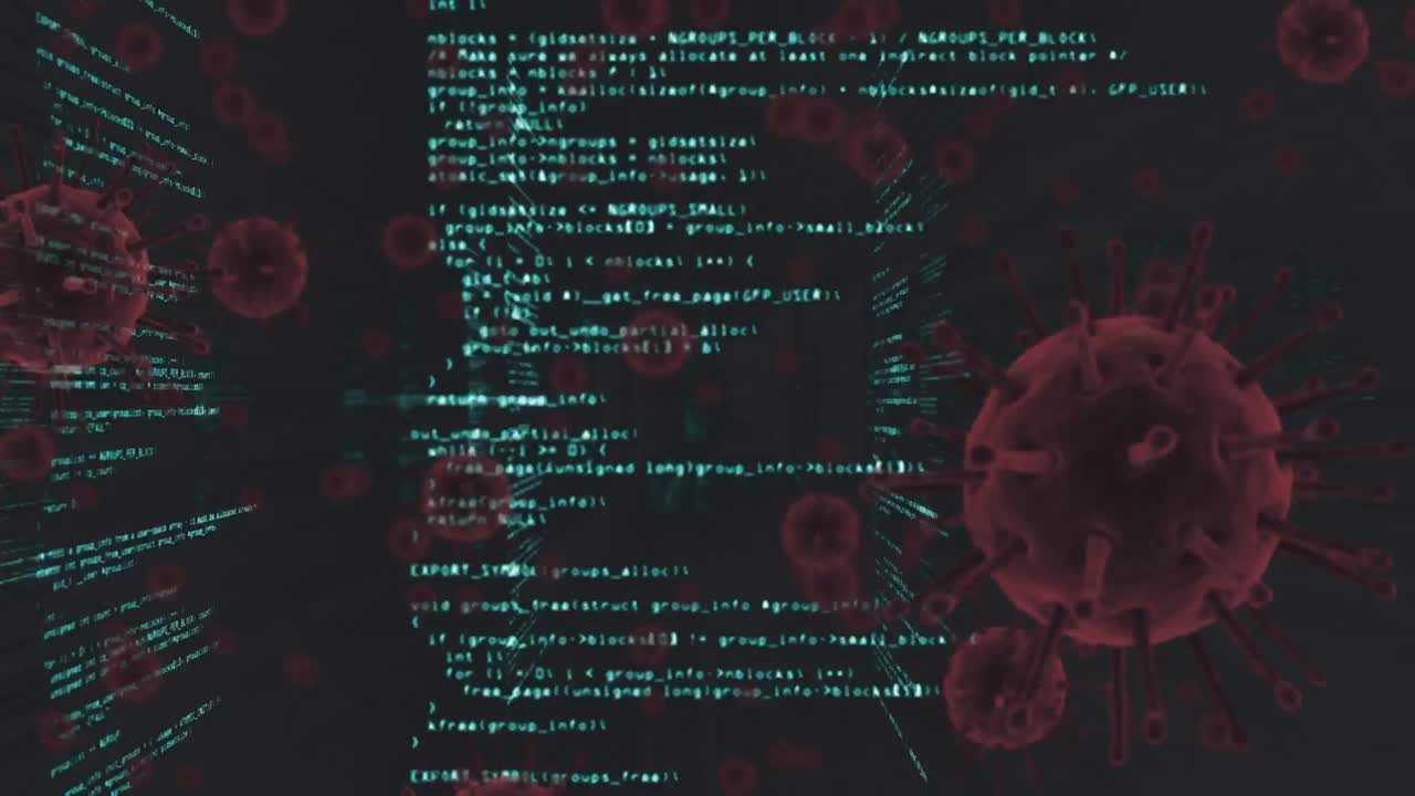 video compuesto digital de células de covid-19 que se mueven contra el procesamiento de datos en el fondo
