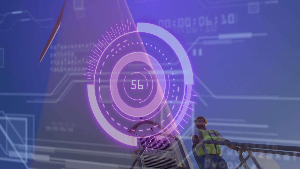 Wind turbine tech climbing while sensor HUD pulsing purple data overlaying blade guiding inspection