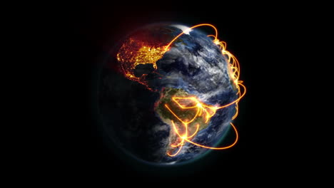 orange network overlays nasa''s earth image with dynamic clouds on a black backdrop.