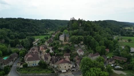 limeuil village dordogne france low panning drone,aerial