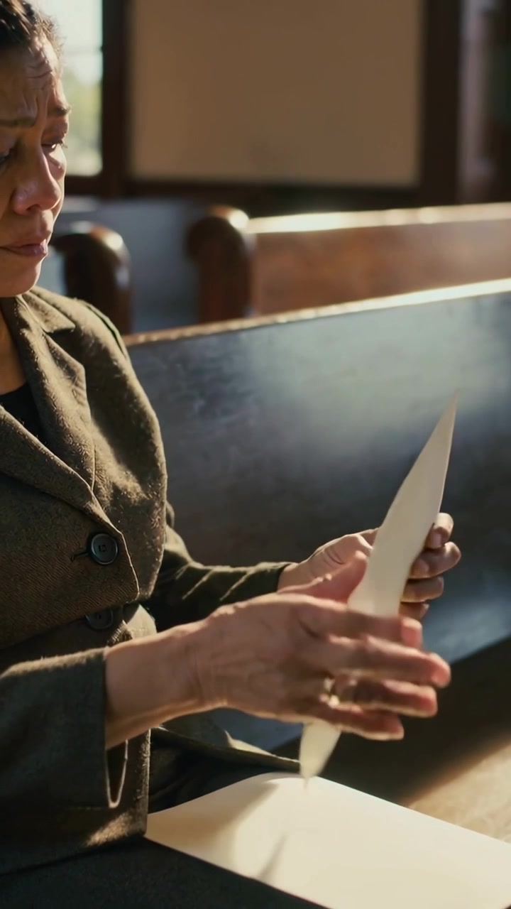 Vertikales Video: Ordner beachtend, Senior im Anzug blättert Seiten um, prüft Dokumente in Kirche, mit Platz für Text.