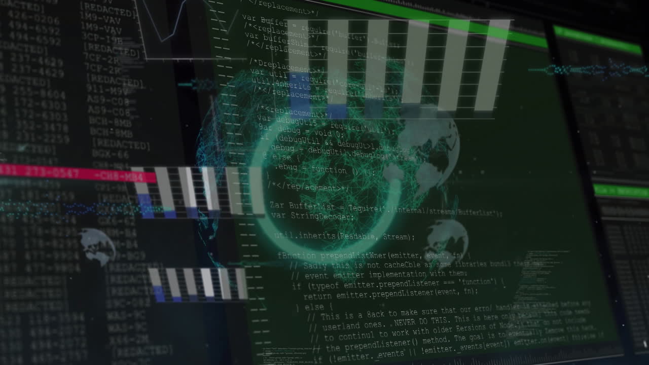 animación del procesamiento de datos en gráficos y gráficos a través de la red global en fondo negro