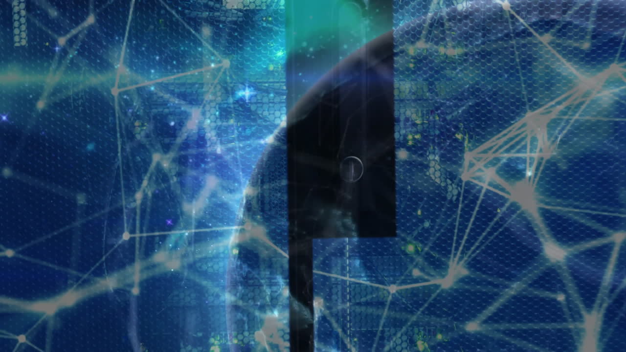 Network visualization showing hexagonal overlay, with glowing nodes, light trails, dark sphere