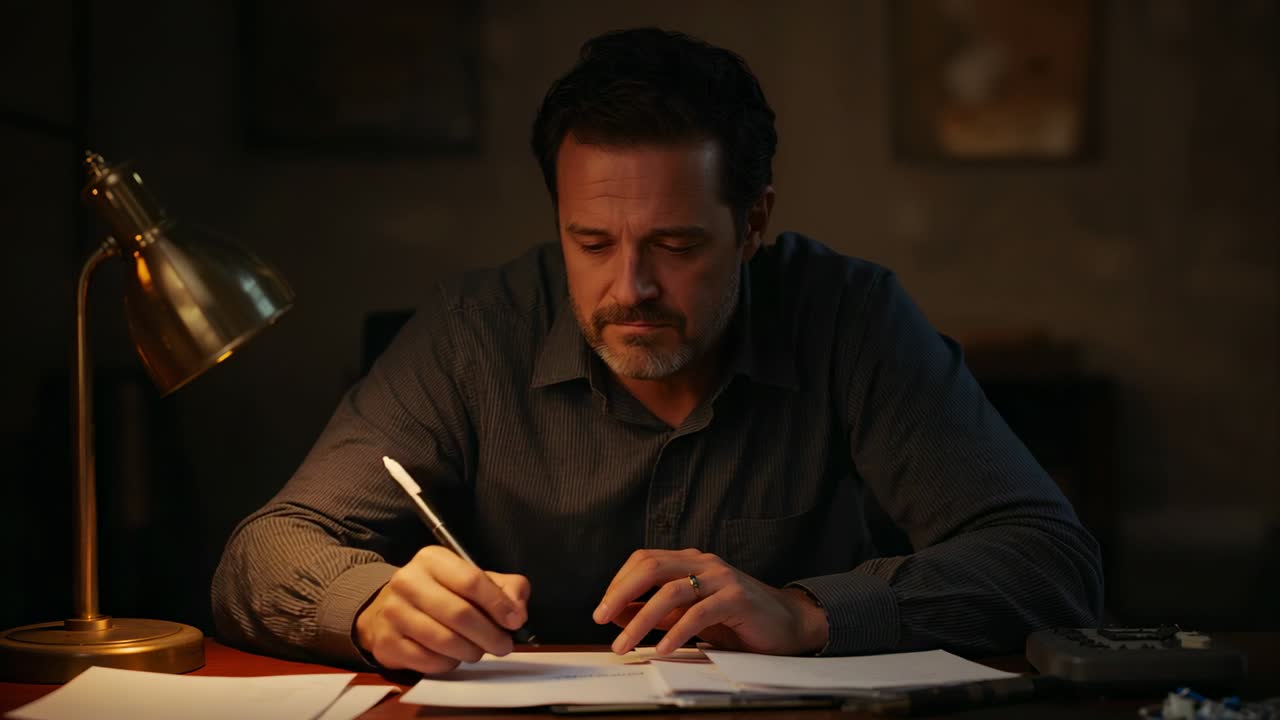 Lowering pen, man signing documents at desk under lamp, finishing files, dark shirt, wedding band