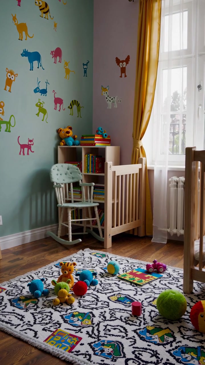 Kamar Bayi yang Nyaman dan Penuh Warna dengan Mainan dan Ranjang Bayi