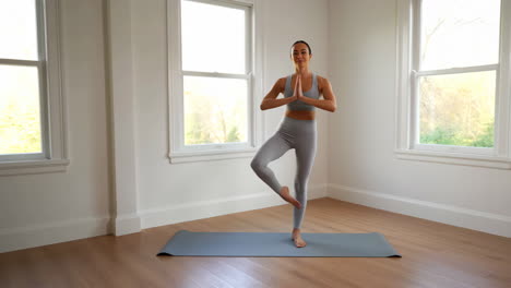 woman in tree pose on yoga mat