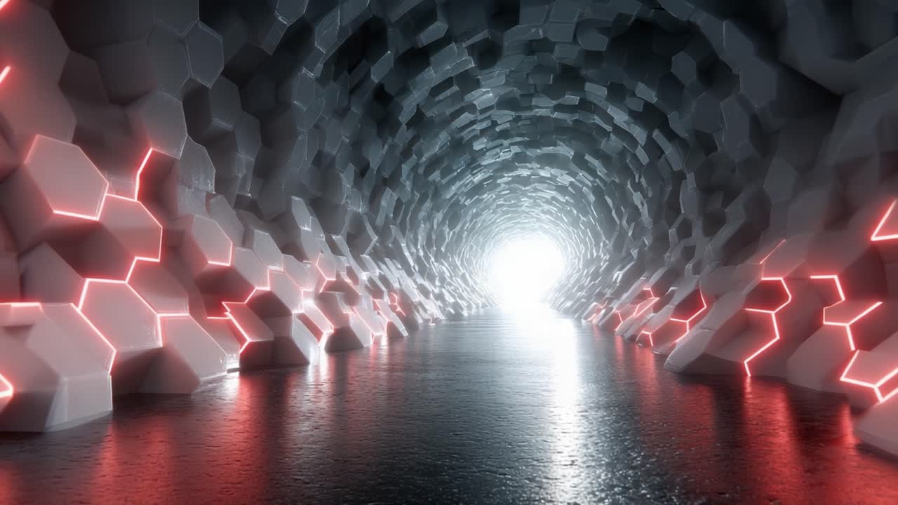 A Captivating Journey Through a Futuristic Hexagonal Tunnel with Illuminating Lights Leading to a Bright Exit, Merging Digital Art with Abstract Architecture