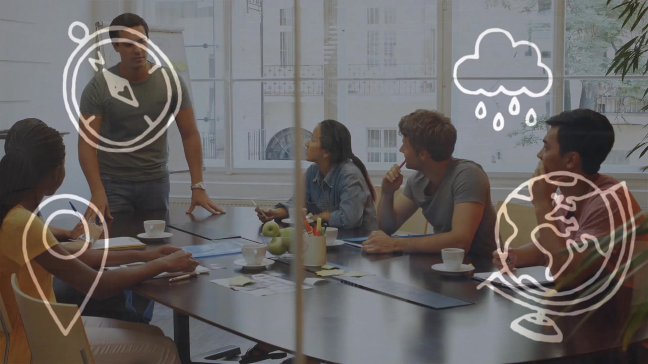 Business meeting with diverse team over travel and weather icons animation