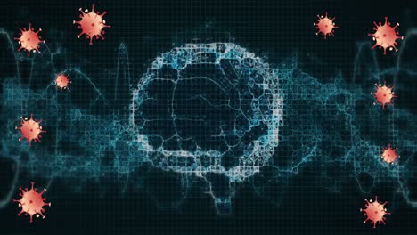 animation of covid 19 cells moving over human brain and dna strand spinning