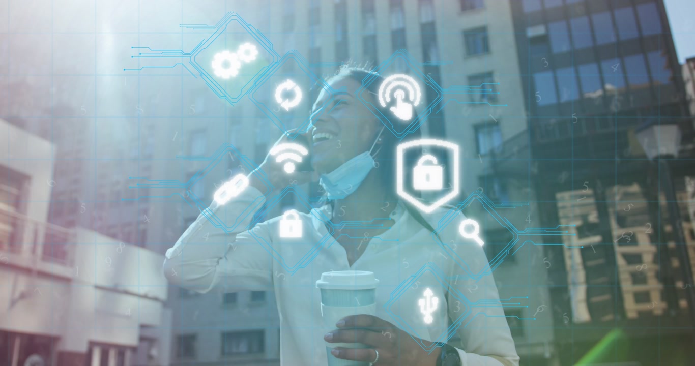 Smiling Woman Talking on Smartphone with Digital Interface Overlay