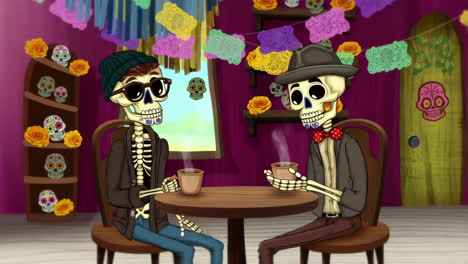 two stylized skeletons enjoying coffee in a día de muertos decorated cafe