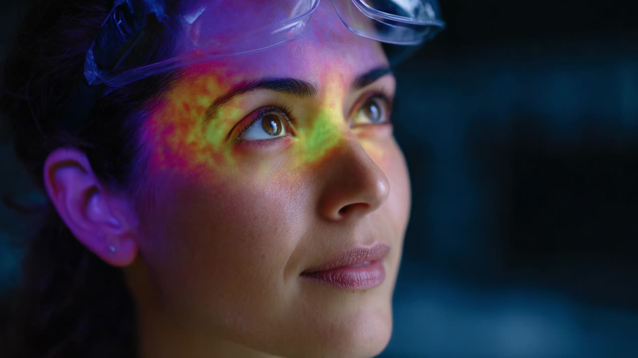 Fascinating Exploration of Color and Light: A Close-Up of a Young Woman with Protective Goggles, Captured in an Artful Display of Vibrant Patterns and Color Reflections on Her Face, Showcasing the Beauty of Scientific Discovery