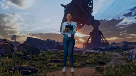 full body of an asian female professional worker standing with large satellite dish, typing on tablet's keyboard and looking camera and smiling