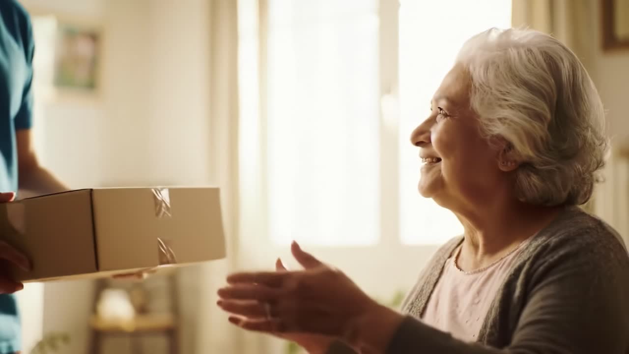 A delivery person hands a package to a joyful older woman in a warm, sunlit living room. The atmosphere reflects kindness and connection, highlighting the joy of receiving surprises.