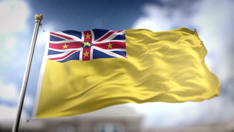 niue flag waving slow motion 3d rendering blue sky background - seamless loop 4k