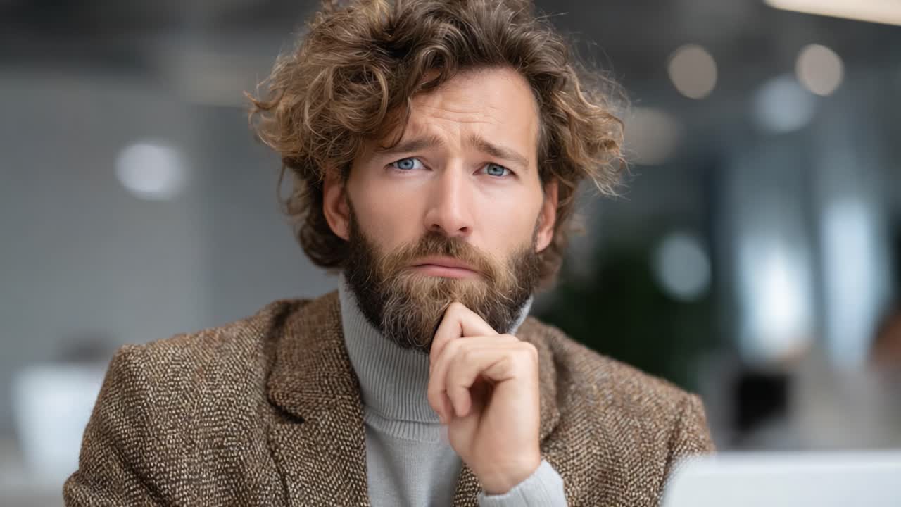 A thoughtful individual deep in contemplation, exhibiting an expression of curiosity and introspection while seated in a modern workspace environment, reflecting on ideas and strategies