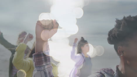 animation of diverse women raising hands over light spots