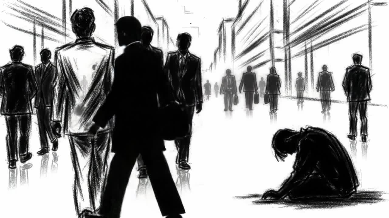 A Reflection on Isolation and Ambition: Two Frames Capturing the Contrast Between Success and Despair in a Crowded Urban Environment