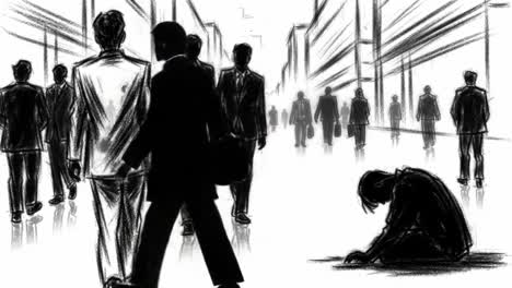 a reflection on isolation and ambition: two frames capturing the contrast between success and despair in a crowded urban environment