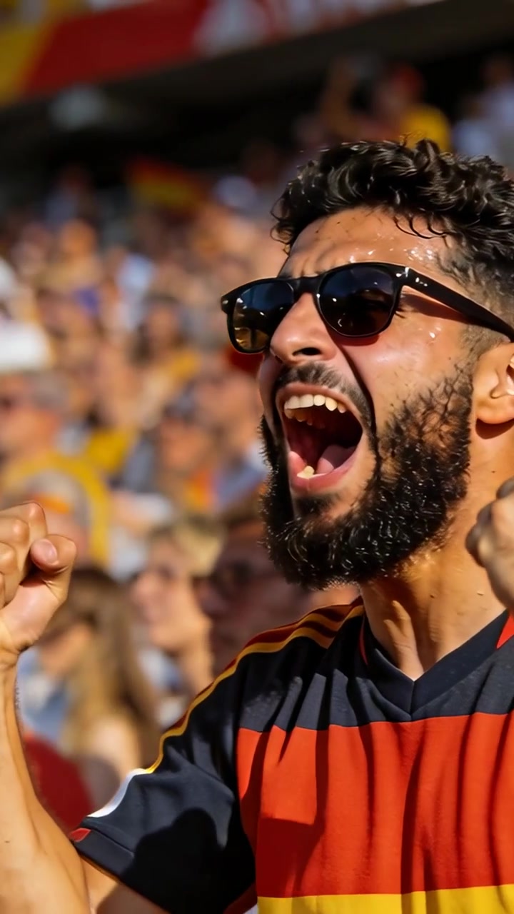 Video verticale: Tifoso barbuto che urla, con occhiali da sole e maglia, che alza la mano dopo un gol in tribuna sventolando una bandiera