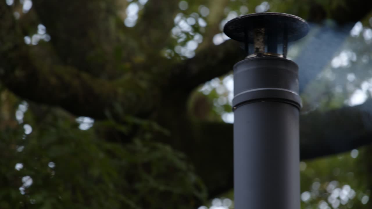 planeando el tiro medio a la izquierda del marco de una chimenea de chimenea de metal con humo ligero, árbol grande detrás