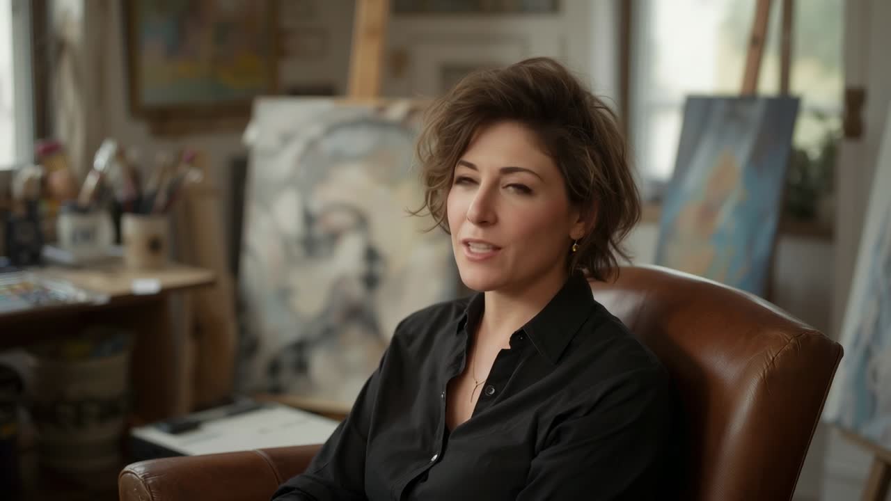 Reazione al prompt: artista donna che parla in uno studio d'arte, con poltrona in pelle e pennelli