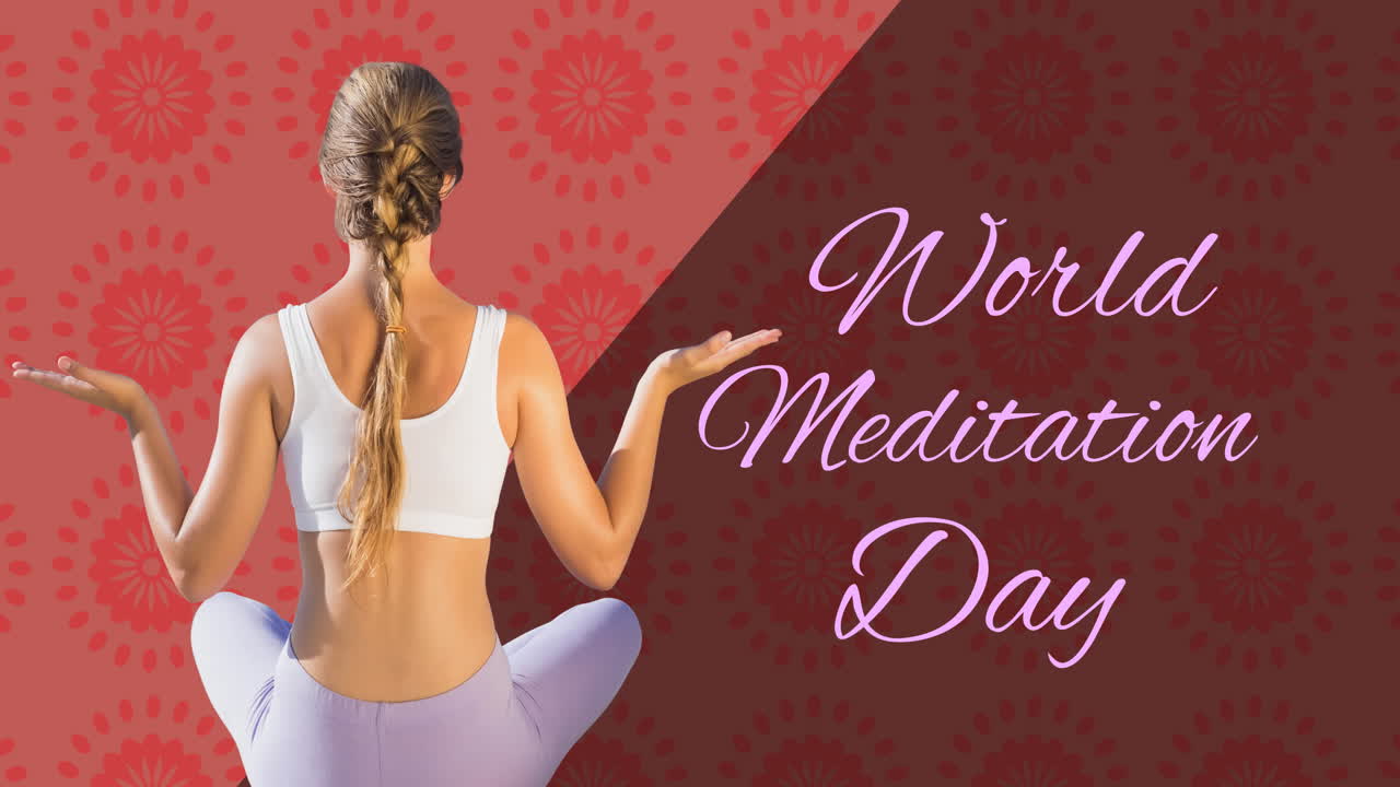 Animation af teksten 'Verdens meditationsdag' med kaukasisk kvinde mediterende på rød baggrund