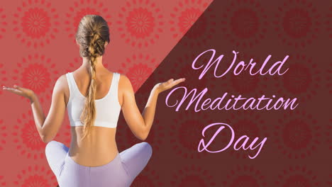animation of world meditation day text with caucasian woman meditating on red background