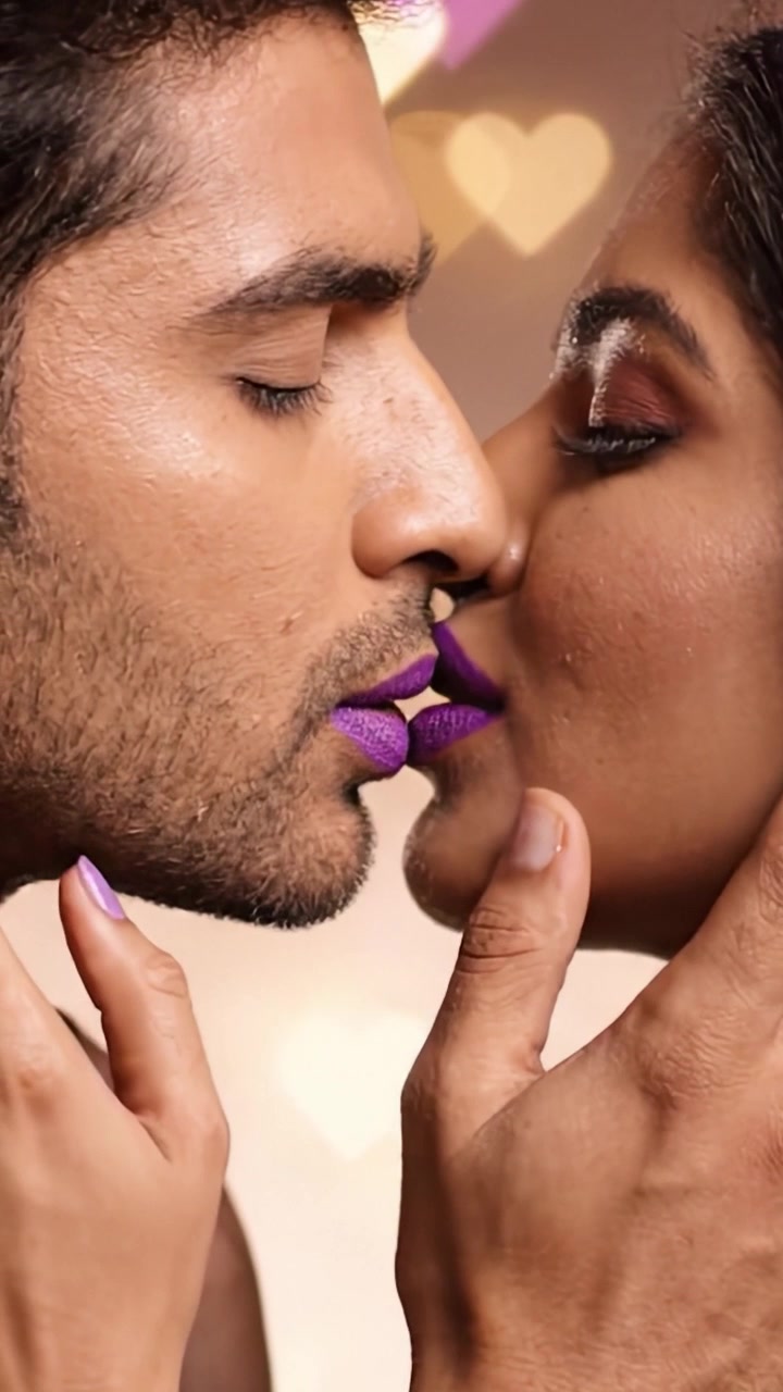 Una scena romantica in primo piano che mostra una coppia in connessione intima, entrambi con labbra viola vibranti, ambientata su uno sfondo sognante a tema cuore