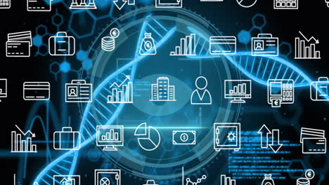 financial data and technology icons animation over dna strand background