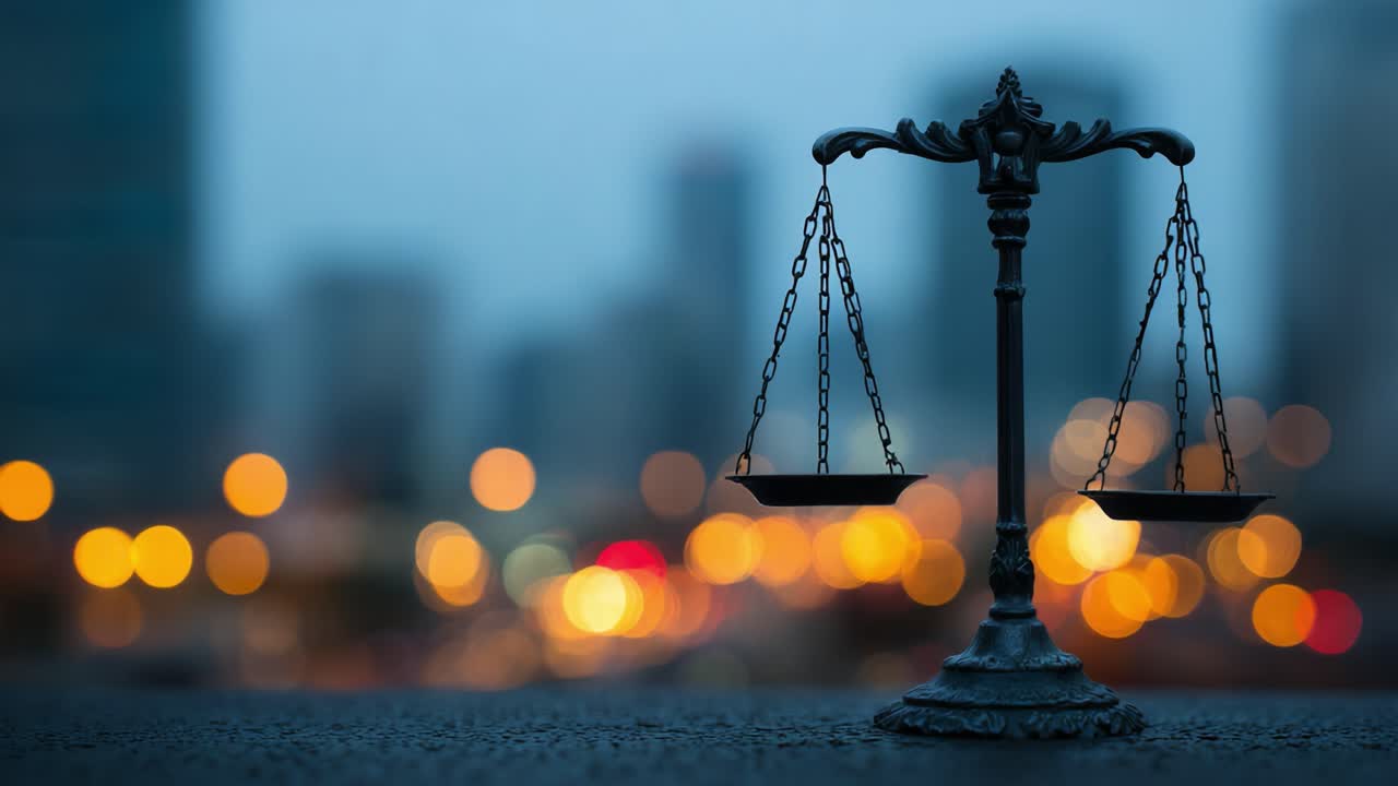 A Striking Representation of Justice: A Close-Up View of a Scales of Justice with Blurred City Lights in the Background, Symbolizing Law and Order in Society