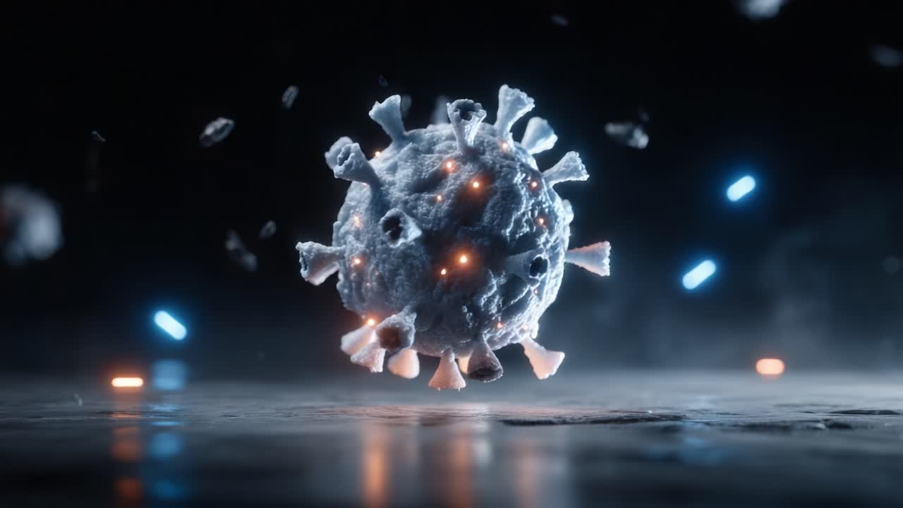 A Stunning Visual Representation of a Coronavirus Particle Captured in Two Distinct Frames, Showcasing Intricate Details and Vibrant Lighting Effects Against a Dark Background