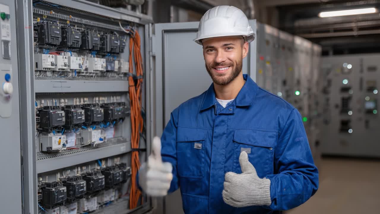 A Confident Electrician in Safety Gear Giving a Thumbs Up in a Control Room Surrounded by Electrical Panels and Wiring