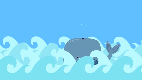 la ballena de dibujos animados nada en el mar en un cielo azul