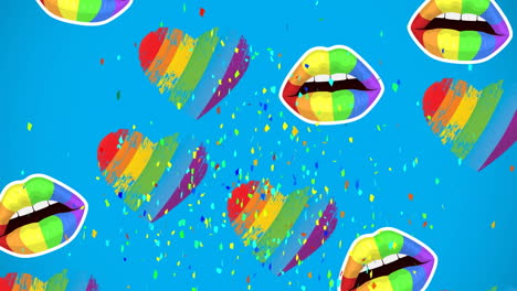 animación de corazones arco iris, labios y confeti sobre un fondo azul