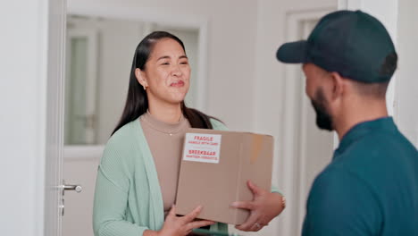 Tablet,-woman-smile-and-delivery-man-at-door