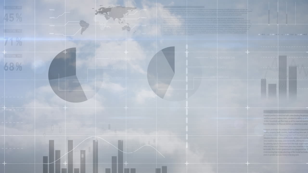 Composite video of statistical data processing against clouds in the blue sky