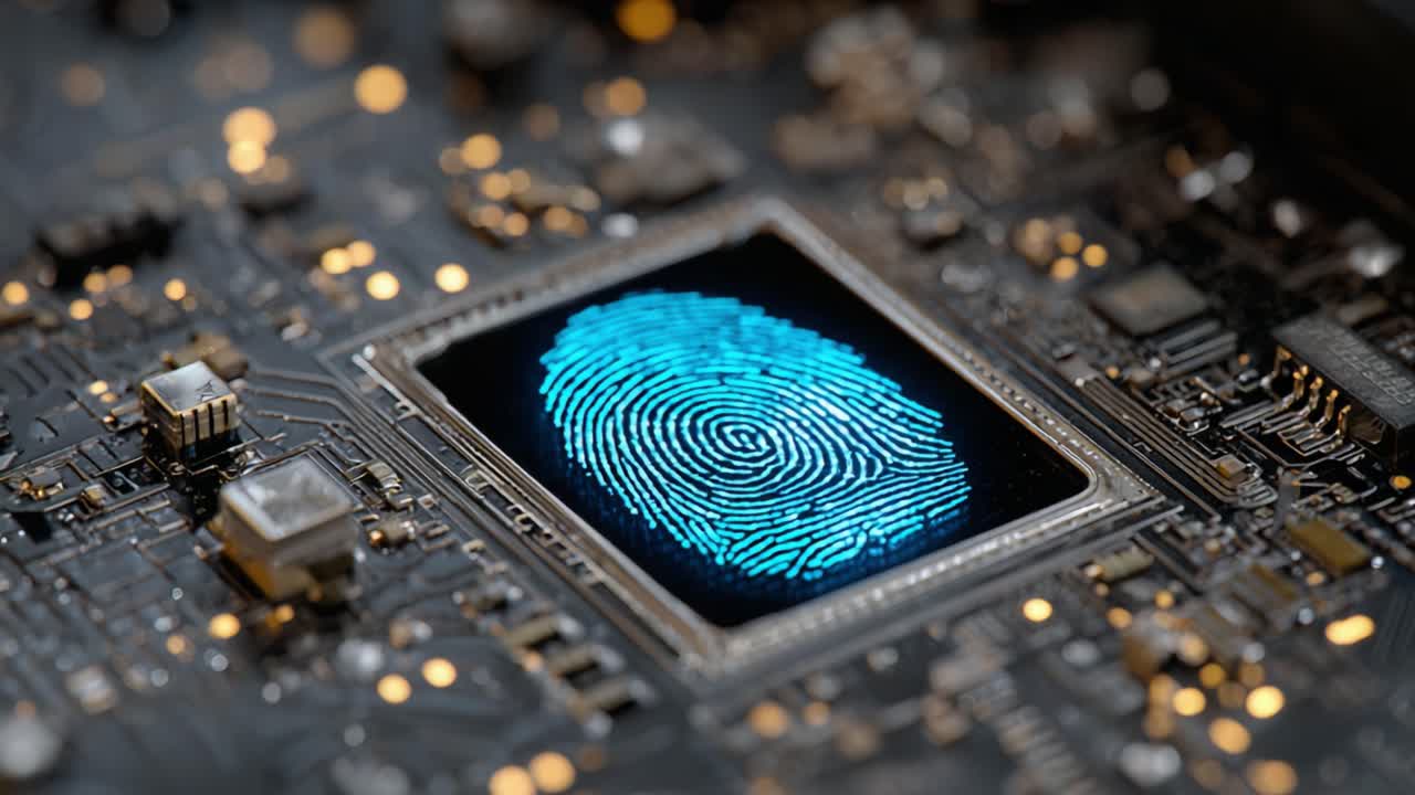 Exploring the Intersection of Technology and Security: A Close-Up Look at a Digital Fingerprint on a Circuit Board, Highlighting Advances in Biometrics and Data Protection