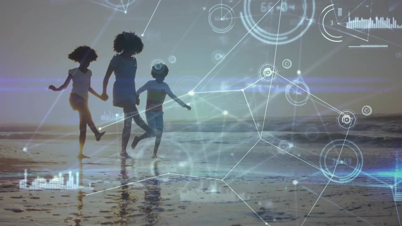 Woman holding children entering from left, playing along shore, tech HUD drifting over silhouettes