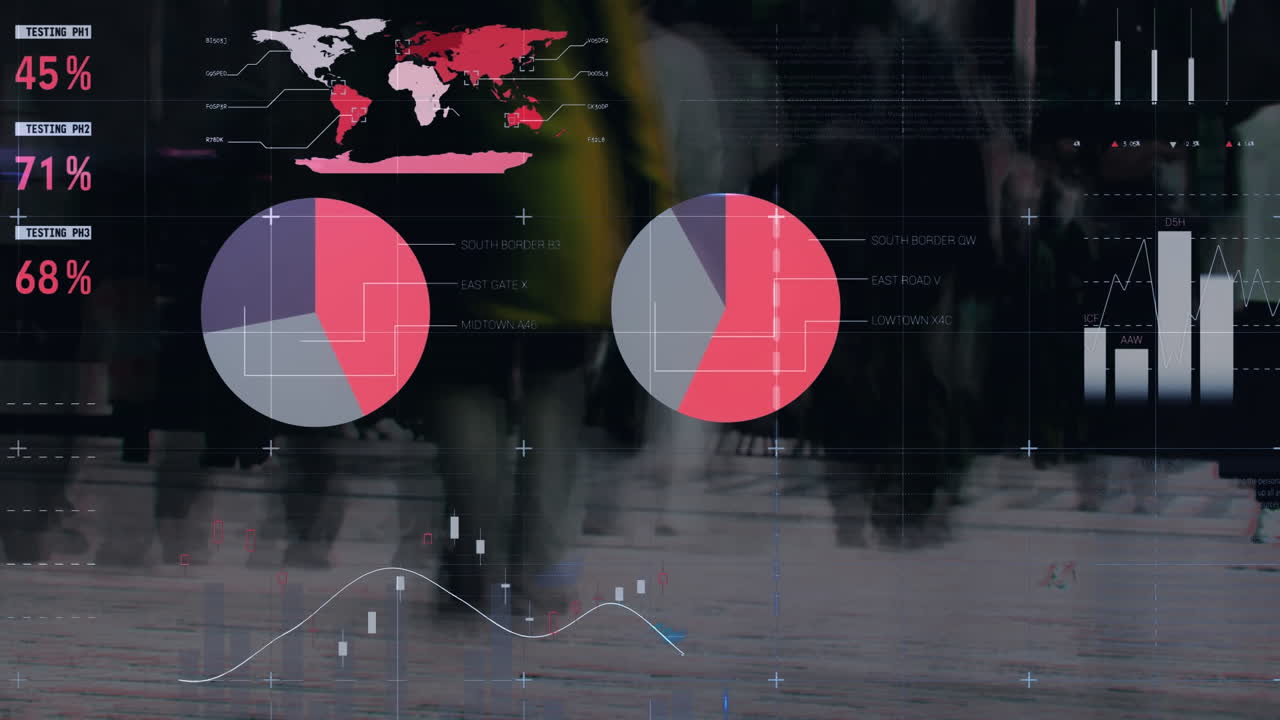 personas caminando a un ritmo rápido con datos financieros en primer plano