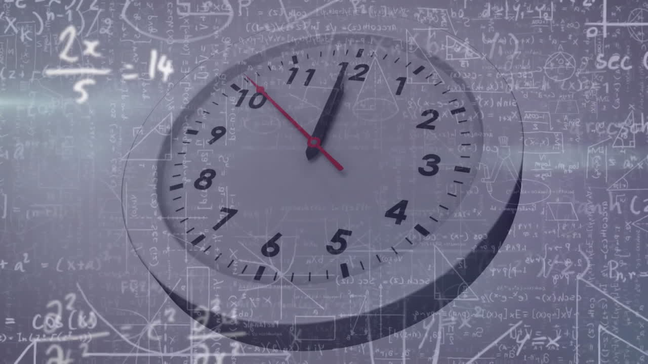 Clock showing time over mathematical equations and formulas animation